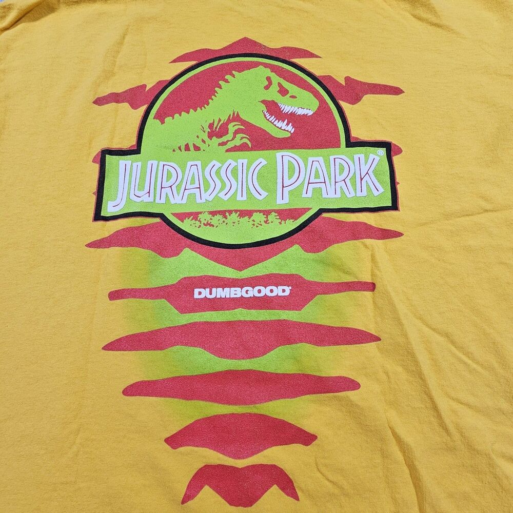 VTG Dumbgood Jurassic Park Graphic Logo Crew Neck T-Shirt Yellow Mens L - Picture 5 of 5